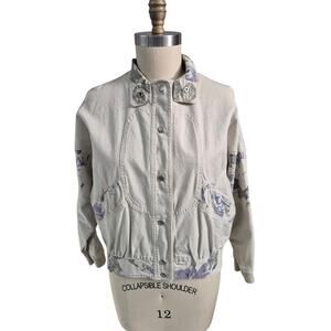 VTG 80s 70s Y2K City Limits Denim Jacket Beige w/Contrasting Floral Accents M
